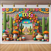 Lofaris Bunter Mexiko-Fiesta-Hintergrund mit Kakteen und Blumen, lebendige Fotowand für festliche Anlässe und Eventdekoration