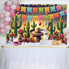 Lofaris Bunter Mexikanischer Fiesta Hintergrund mit Kakteen, Sombreros und Gitarre, lebendige Partydekoration für Fotoshootings