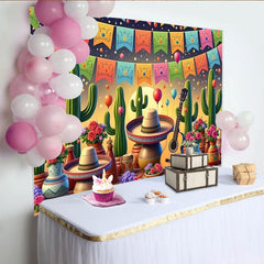 Lofaris Bunter Mexikanischer Fiesta Hintergrund mit Kakteen, Sombreros und Gitarre, lebendige Partydekoration für Fotoshootings