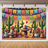 Lofaris Bunter Mexikanischer Fiesta Hintergrund mit Kakteen, Sombreros und Gitarre, lebendige Partydekoration für Fotoshootings