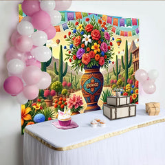 Lofaris Bunter Mexikofest-Hintergrund mit Blumen Kakteen und Heißluftballons, festliche Fotowand für lebendige Fiesta Party Dekoration