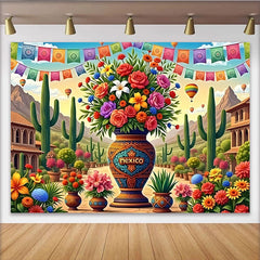 Lofaris Bunter Mexikofest-Hintergrund mit Blumen Kakteen und Heißluftballons, festliche Fotowand für lebendige Fiesta Party Dekoration