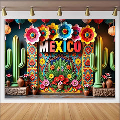Lofaris Bunter Mexikanischer Fiesta Hintergrund mit Blumen und Kakteen, lebendige Fotowand für festliche Anlässe und Fotoshootings
