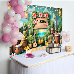 Lofaris Aloha Hawaii-Party-Hintergrund mit Palmen und Tiki-Statuen, tropische Fotowand für Sommer Strand Party Dekoration und Fotoshooting