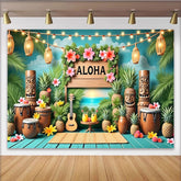 Lofaris Aloha Hawaii-Party-Hintergrund mit Palmen und Tiki-Statuen, tropische Fotowand für Sommer Strand Party Dekoration und Fotoshooting