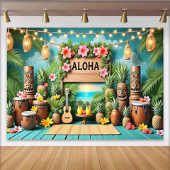 Lofaris Aloha Hawaii-Party-Hintergrund mit Palmen und Tiki-Statuen, tropische Fotowand für Sommer Strand Party Dekoration und Fotoshooting