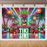 Lofaris Vibranter Neon-Tiki Fotohintergrund mit Palmen und tropischen Blumen, farbenfrohe Kulisse für Sommerpartys und Fotoshootings