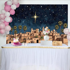 Lofaris Bethlehem Weihnachtskrippen-Hintergrund mit Stern und Palmen, dunkelblauer Fotohintergrund für festliche Weihnachtsdekoration