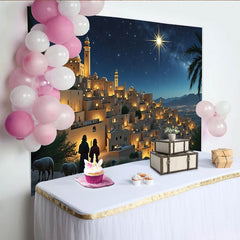 Lofaris Stern von Bethlehem Krippenhintergrund mit Hirten und antiker Stadt, festliche Kulisse für Weihnachtsfotografie und Dekoration