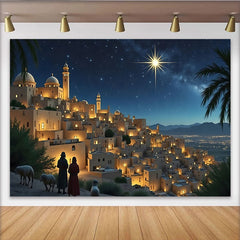 Lofaris Stern von Bethlehem Krippenhintergrund mit Hirten und antiker Stadt, festliche Kulisse für Weihnachtsfotografie und Dekoration