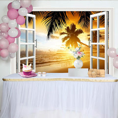 Lofaris Tropischer Fensterblick Hintergrund mit Palmen und Sonnenuntergang, realistische Strandkulisse für Fotostudio und Raumdekoration