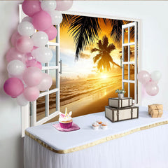 Lofaris Tropischer Fensterblick Hintergrund mit Palmen und Sonnenuntergang, realistische Strandkulisse für Fotostudio und Raumdekoration