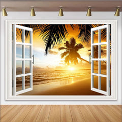 Lofaris Tropischer Fensterblick Hintergrund mit Palmen und Sonnenuntergang, realistische Strandkulisse für Fotostudio und Raumdekoration