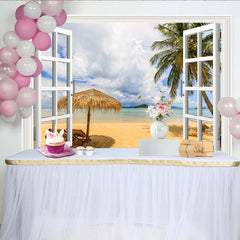 Lofaris Idyllischer Fensterblick Strand Fotohintergrund mit Palmen und Meer, perfekte Kulisse für Sommerurlaub und Fotostudio