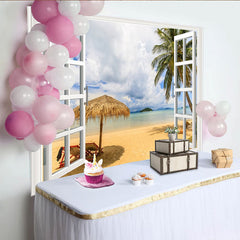 Lofaris Idyllischer Fensterblick Strand Fotohintergrund mit Palmen und Meer, perfekte Kulisse für Sommerurlaub und Fotostudio