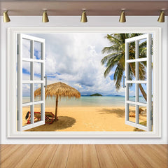 Lofaris Idyllischer Fensterblick Strand Fotohintergrund mit Palmen und Meer, perfekte Kulisse für Sommerurlaub und Fotostudio