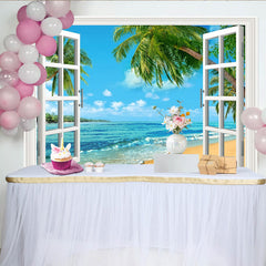 Lofaris Tropischer Fensterblick-Hintergrund mit weißem Rahmen, Palmen und blauem Meer, sommerliche Fotokulisse für entspannte Urlaubsfotos
