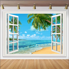 Lofaris Tropischer Fensterblick-Hintergrund mit weißem Rahmen, Palmen und blauem Meer, sommerliche Fotokulisse für entspannte Urlaubsfotos