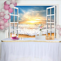 Lofaris Fensterblick Strandhintergrund mit Sonnenuntergang und Wellen, realistische Kulisse für Fotostudio und Wohnzimmer Dekoration