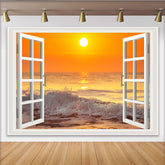 Lofaris Weißer Fensterblick Sonnenuntergangs-Hintergrund mit Meereswellen, oranger Strand Fotokulisse für Fotostudio und Heimdekoration