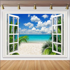 Lofaris Fensterblick Strand Hintergrund mit Palmen und türkisem Meer, realistische Fotokulisse für Sommer und Urlaub