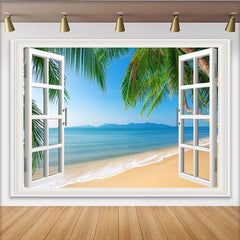 Lofaris Offenes Fenster Tropenstrand Hintergrund mit Palmen und blauem Ozean, sommerliche Fotowand für Urlaubsfotos und Dekoration