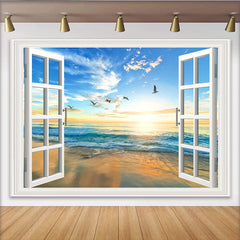 Lofaris Realistischer Fensterblick-Hintergrund mit Meer und Sonnenuntergang, Strandlandschaft Fotowand für Fotografie und Dekoration