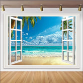Lofaris Offenes Fenster Strandblick Fotohintergrund mit Palmen und türkisem Meer, sommerliche Kulisse für Urlaubsfotos und Studioaufnahmen