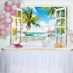 Lofaris Offener Fensterblick Tropischer Strandhintergrund mit Palmen und Meer, sonnige Fotokulisse für Sommerurlaub Fotoshooting