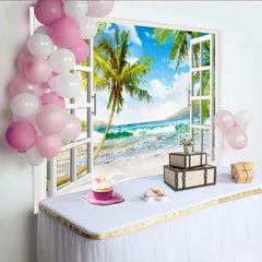 Lofaris Offener Fensterblick Tropischer Strandhintergrund mit Palmen und Meer, sonnige Fotokulisse für Sommerurlaub Fotoshooting