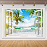 Lofaris Offener Fensterblick Tropischer Strandhintergrund mit Palmen und Meer, sonnige Fotokulisse für Sommerurlaub Fotoshooting