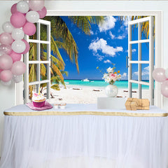 Lofaris Fensterblick Strand Fotohintergrund mit Palmen und blauem Himmel, weißer Sandstrand Kulisse für Sommerparty und Fotostudio