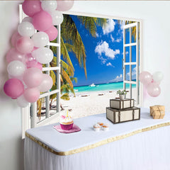 Lofaris Fensterblick Strand Fotohintergrund mit Palmen und blauem Himmel, weißer Sandstrand Kulisse für Sommerparty und Fotostudio