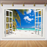 Lofaris Fensterblick Strand Fotohintergrund mit Palmen und blauem Himmel, weißer Sandstrand Kulisse für Sommerparty und Fotostudio