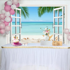 Lofaris Fensterblick-Strandhintergrund mit Palmen und türkisfarbenem Meer, weißer Sand, Seesternen Muscheln, Fotokulisse für Sommerpartys