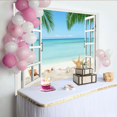 Lofaris Fensterblick-Strandhintergrund mit Palmen und türkisfarbenem Meer, weißer Sand, Seesternen Muscheln, Fotokulisse für Sommerpartys