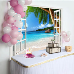 Lofaris Weißer Fensterblick Strand Hintergrund mit Palmen und blauem Meer, Fotokulisse für Sommerurlaub und tropische Fotografie