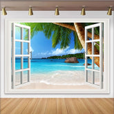 Lofaris Weißer Fensterblick Strand Hintergrund mit Palmen und blauem Meer, Fotokulisse für Sommerurlaub und tropische Fotografie