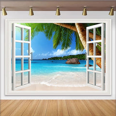 Lofaris Weißer Fensterblick Strand Hintergrund mit Palmen und blauem Meer, Fotokulisse für Sommerurlaub und tropische Fotografie