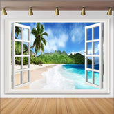 Lofaris Tropischer Fensterblick Strand Hintergrund mit Palmen und Meer, wunderschöne Fotowand für Urlaubsfotos und Wohnzimmerdekoration