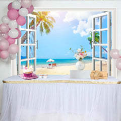 Lofaris Offenes Fenster Strand Hintergrund mit Palmen und blauem Meer, sommerliche Fotokulisse für Urlaub und Dekoration