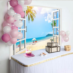 Lofaris Offenes Fenster Strand Hintergrund mit Palmen und blauem Meer, sommerliche Fotokulisse für Urlaub und Dekoration