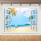Lofaris Offenes Fenster Strand Hintergrund mit Palmen und blauem Meer, sommerliche Fotokulisse für Urlaub und Dekoration