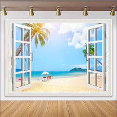 Lofaris Offenes Fenster Strand Hintergrund mit Palmen und blauem Meer, sommerliche Fotokulisse für Urlaub und Dekoration