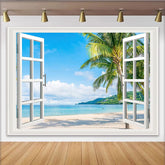 Lofaris Fensterblick tropischer Strand Hintergrund mit Palmen, sommerliche Landschaft Kulisse für Fotostudio und Urlaubsbilder