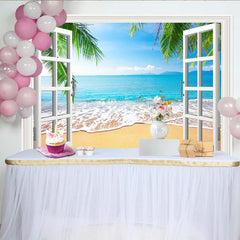 Lofaris Offener Fensterblick Strandhintergrund mit Palmen und blauem Meer, idyllische Fotokulisse für Sommerfotoshootings und Raumdekoration