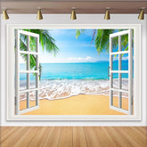 Lofaris Offener Fensterblick Strandhintergrund mit Palmen und blauem Meer, idyllische Fotokulisse für Sommerfotoshootings und Raumdekoration