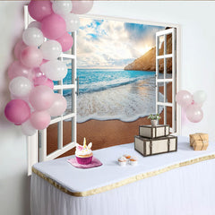 Lofaris Realistischer Fensterblick Fotohintergrund mit Strand und Meer, sonniger Strand Kulisse für Sommerparty und Fotostudio Dekoration