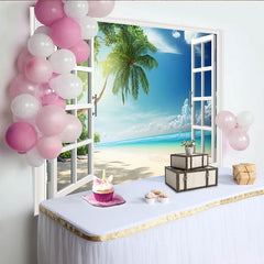 Lofaris Offenes Fenster Strand Hintergrund mit Palme und blauem Meer, sommerliche Kulisse für entspannte Urlaubsfotos und Fotostudio