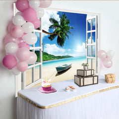 Lofaris Tropischer Fensterblick Strand Fotohintergrund mit Palmen und Meer, perfekte Kulisse für Urlaubsfotos und Sommerparty Dekoration